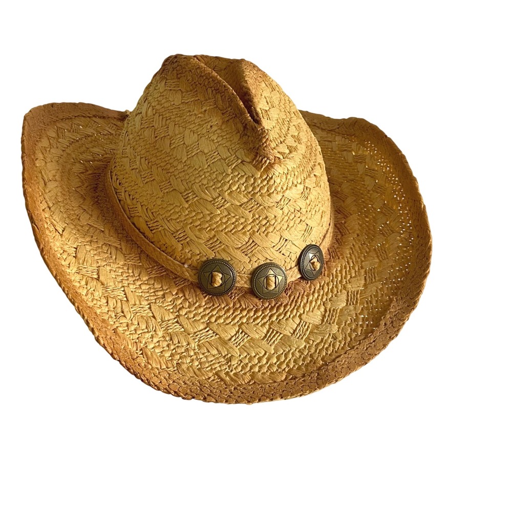 Scala Western Style Toyo Straw Cowboy Hat Star Conchos Tan Large XL